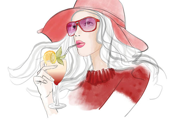 illustrazioni stock, clip art, cartoni animati e icone di tendenza di giovane bella donna con cappello di avere un cocktail - women illustration and painting sensuality color image