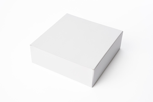 High angle view of closed white blank box isolated on white background with clipping path.