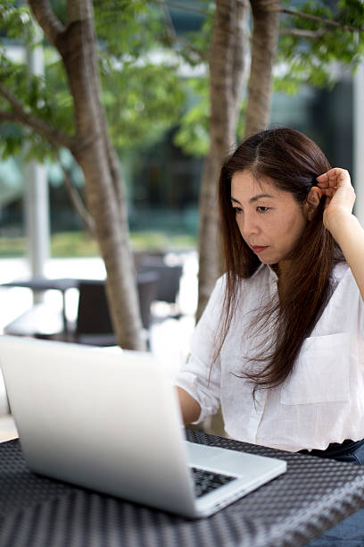 istock The lady who uses a PC at a cafe 544345578