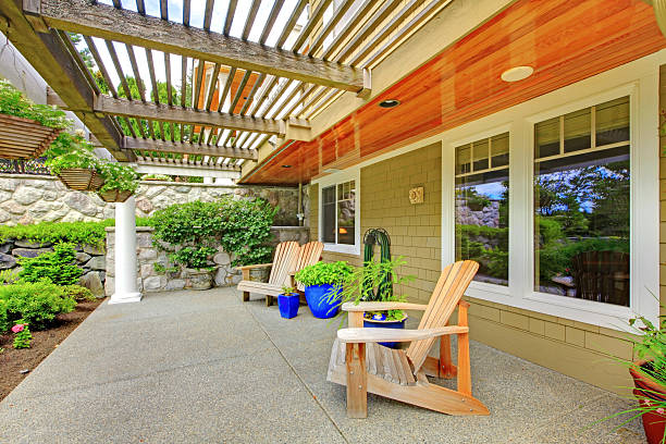 istock House exterior. View of cozy covered walkout deck 544346440