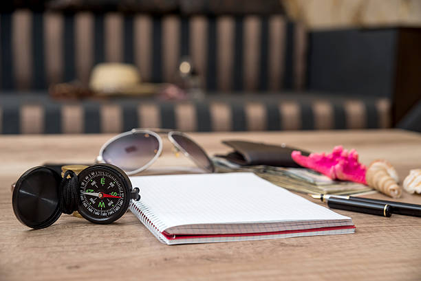 istock Travel set: money, road map, compass, glasses, pen 544346586
