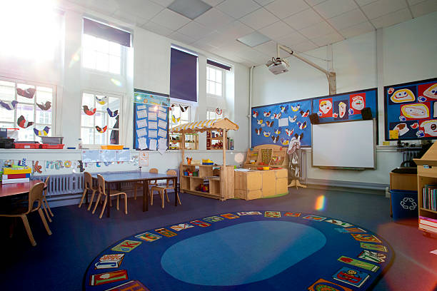 School Classroom Interior Landscape image of an empty, nursery classroom. there is a rug in the middle of the room. nursery stock pictures, royalty-free photos & images