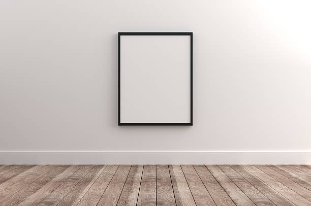 Picture Frame Plain Empty Picture Frame on wooden surface reserevd for copyspace concepts. hanging art on wall stock pictures, royalty-free photos & images