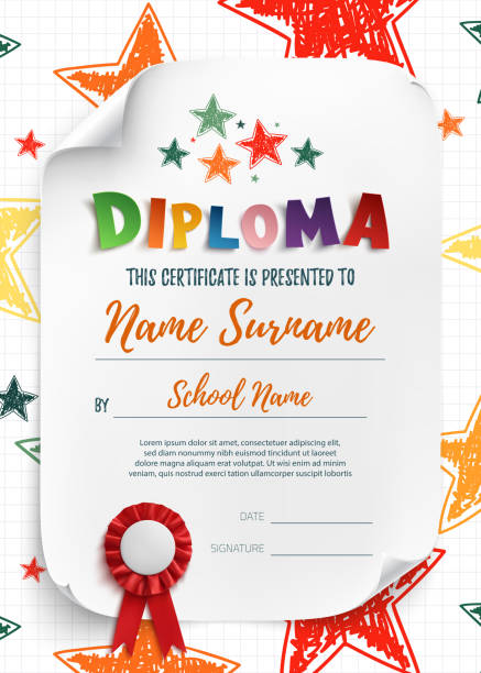 Diploma template with hand drawn stars. Diploma template for kids, certificate background with hand drawn stars for school, preschool or playschool. Vector illustration. preschool building stock illustrations