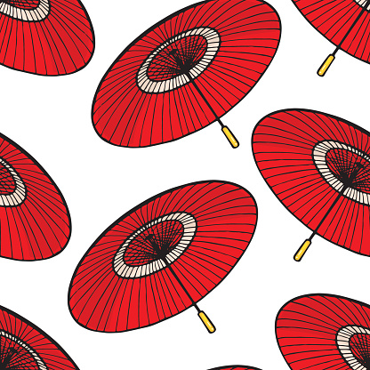 Seamless background of beautiful red Japanese umbrellas. hand-drawn illustration