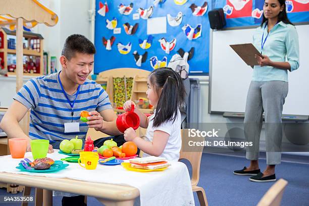 Roleplay Kitchen At Nursery Stock Photo - Download Image Now - Teacher, Preschool, Child