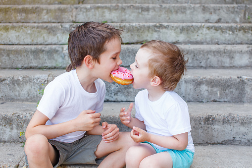 two boys together bite from the donut. children enjoy a donut with strawberry frosting. feeding game for party