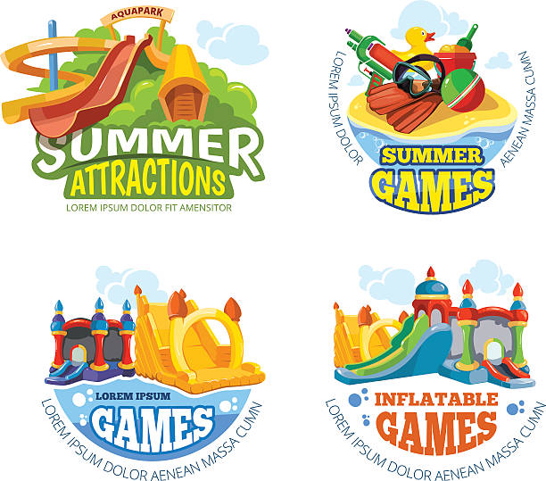 ilustraciones, imágenes clip art, dibujos animados e iconos de stock de ilustración de vectores de etiquetas de verano - inflatable child playground leisure games