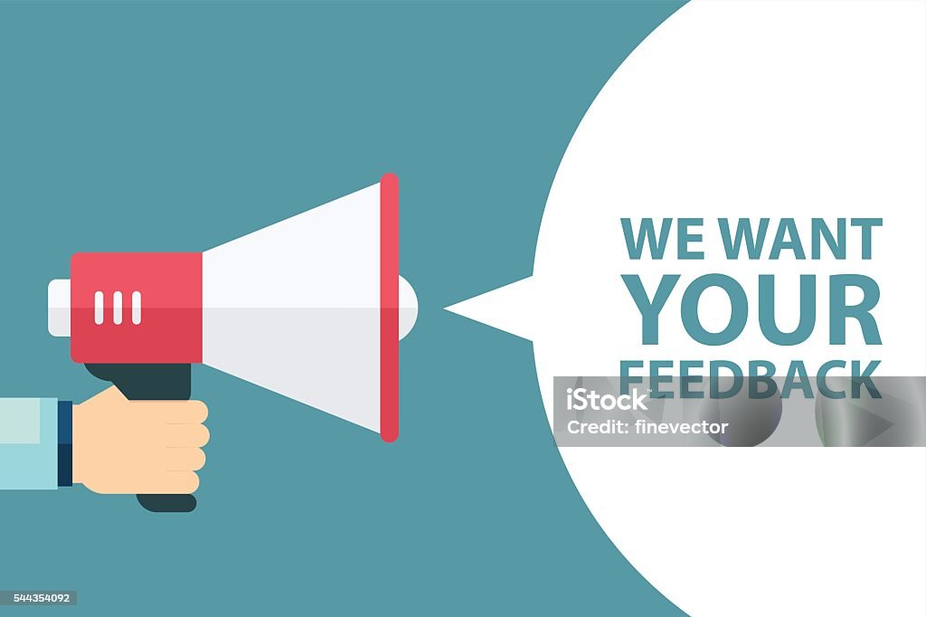 Megaphone with We want your feedback speech bubble. Male hand holding megaphone with We want your feedback speech bubble. Loudspeaker. Banner for business, promotion and advertising. Vector illustration. Advice stock vector