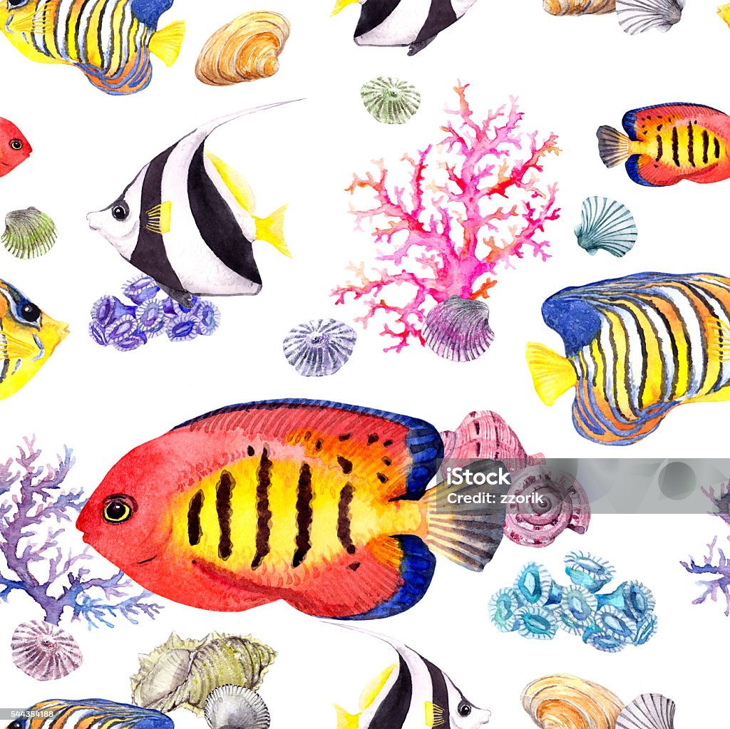 Corals Fish Patterns Fish Corals Seashells Repeating Seamless Pattern Watercolor Stock ...