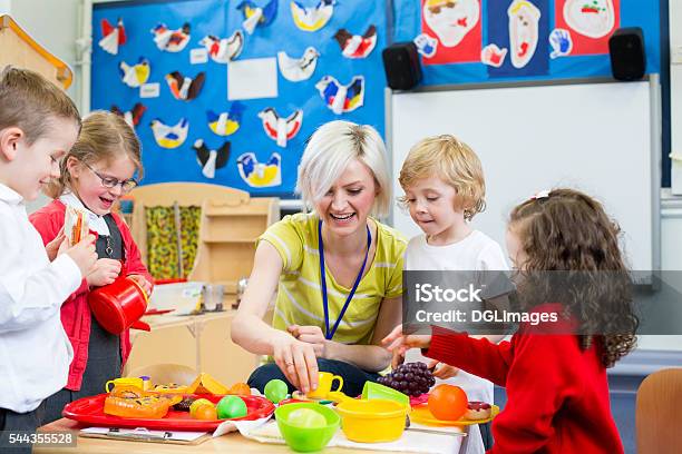 Roleplay Restaurant At Nursery Stock Photo - Download Image Now - Preschool, Teacher, Playing