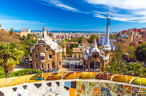 Malaga cityscape and Plaza de Toros square or La Malagueta bullring, Andalucia, Spain with Mediterranean sea on background