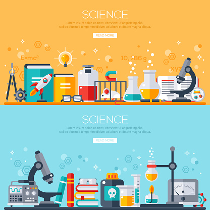 Flat design vector illustration concept of science. Horizontal banners set with scientist workplaces. Scientific Research, Chemical Experiment.