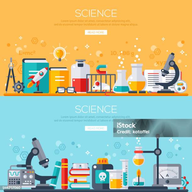 Horizontal Banners Set With Scientist Workplaces Stock Illustration - Download Image Now - Science, Laboratory, Illustration