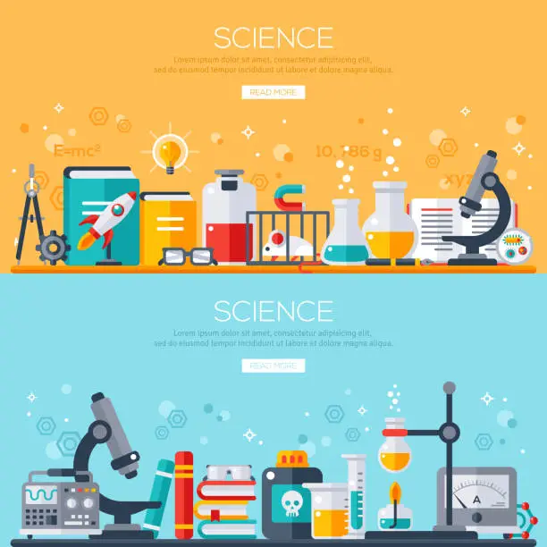 Vector illustration of Horizontal banners set with scientist workplaces