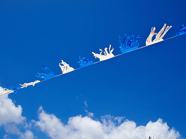 low angle wide angle view on a row of coveralls hanging out to dry on clothesline in meadow