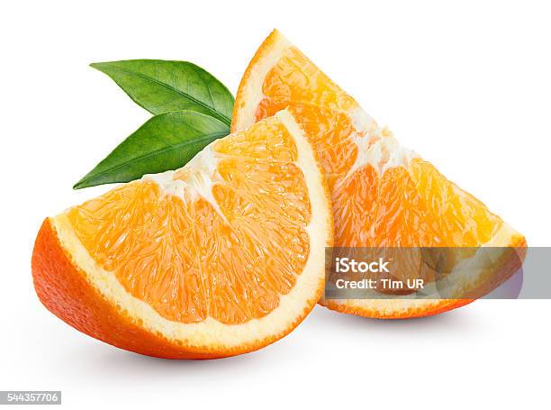 Orange Fruit Slices With Leaves Isolated On White Stock Photo - Download Image Now