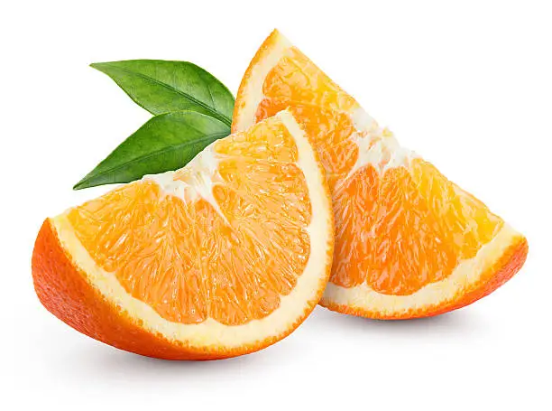 Photo of Orange fruit. Slices with leaves isolated on white.