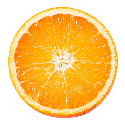 Orange fruit. Round slice isolated on white. Top view.