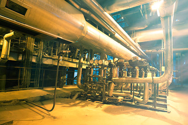 istock Industrial zone, Steel pipelines, valves, cables and walkways 544357992