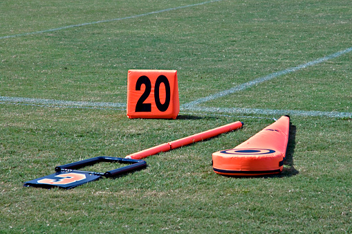 Markers on the sidelines of a football field.