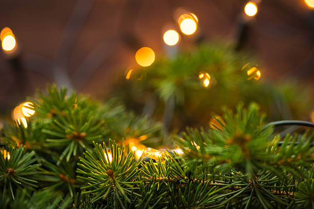 istock Fir-tree branch with christmas lights over the wooden surface 544442972
