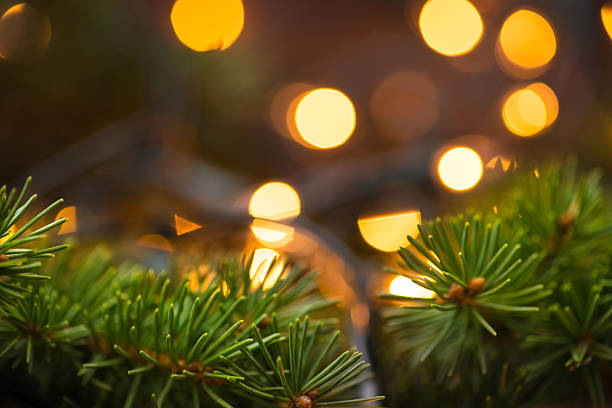 istock Fir-tree branch with christmas lights over the wooden surface 544443446