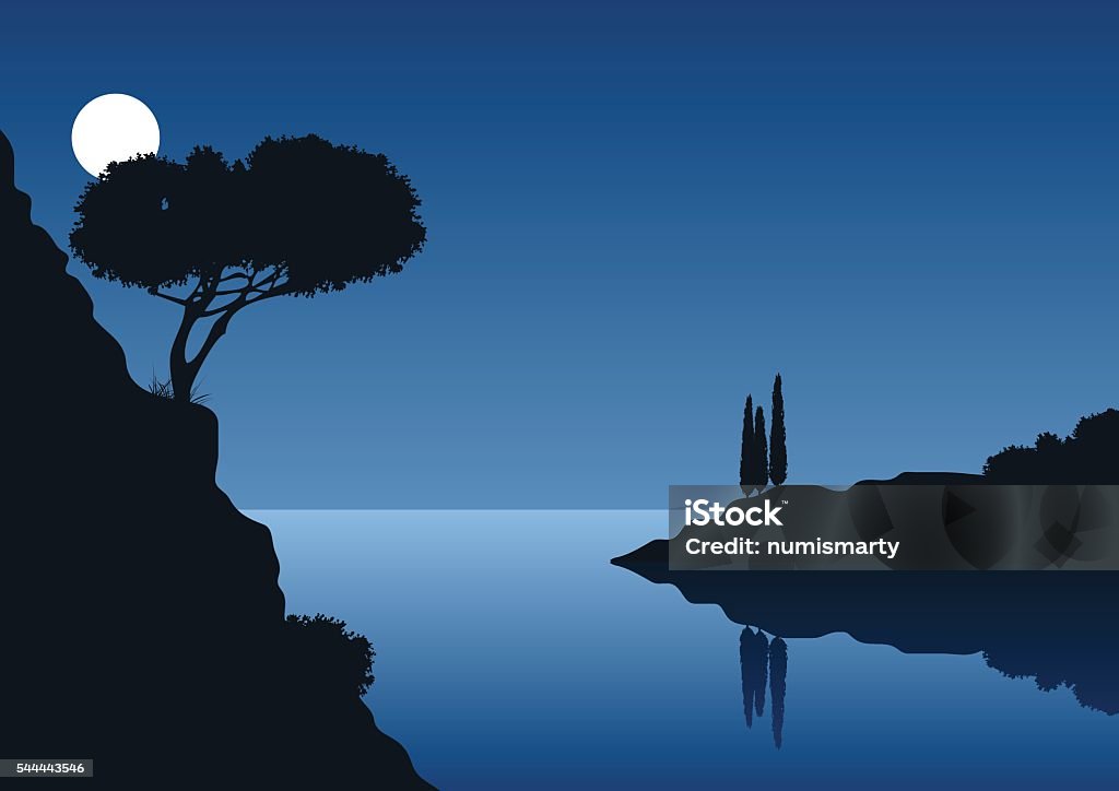 full moon night with coastal landscape mediterranean coast landscape with full moon and the sea In Silhouette stock vector