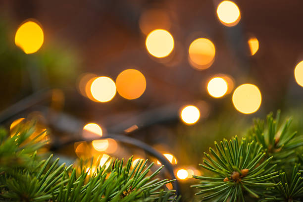 istock Fir-tree branch with christmas lights over the wooden surface 544443722