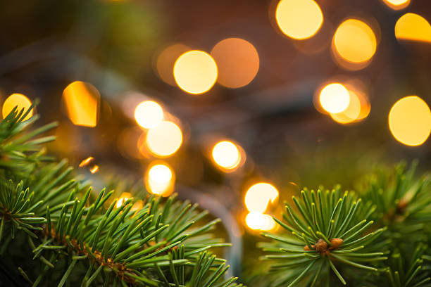 istock Fir-tree branch with christmas lights over the wooden surface 544443936