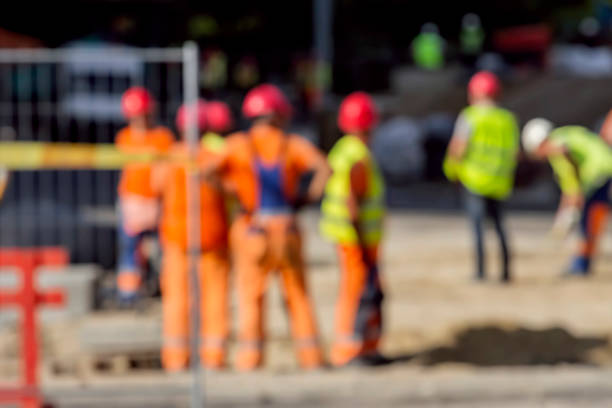 Blurred picture of construction site. The photo is made out of focus. Construction reconstruction concept