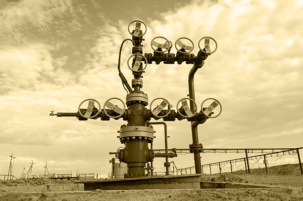 yacimiento petrolífero. concepto de industria de petróleo y gas. - wellhead fotografías e imágenes de stock