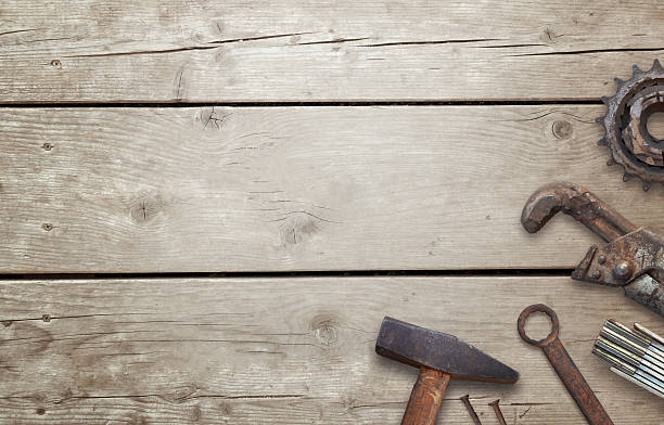 istock Old tools on wooden table with free space for text. 544448284