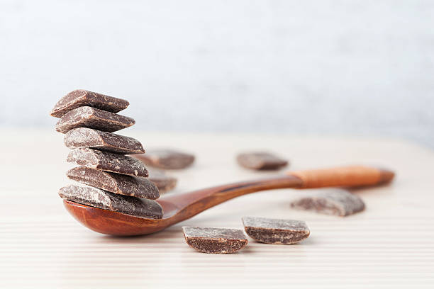 istock Dark cooking chocolate chunks on wooden spoon with copy space 544448876