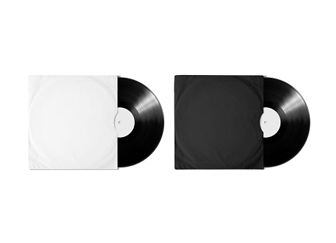Blank white and black vinyl album cover sleeve mockup, isolated, clipping path. Gramophone music record clear surface mock up. Paper sound shellac disc label template. Cardboard vinyl disk package