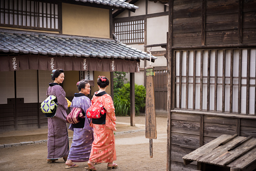 Japanese women in colorful kiminos in Kyoto