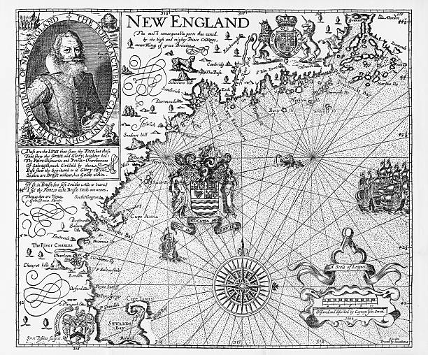 karte von new england von explorer john smith, circa 1624 - forschungsreisender grafiken stock-grafiken, -clipart, -cartoons und -symbole