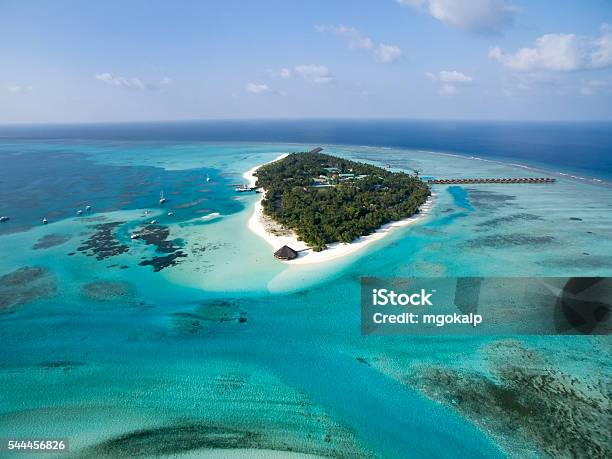 Aerial View Of A Maldivian Island Stock Photo - Download Image Now - Meeru Island, Maldives, Beach