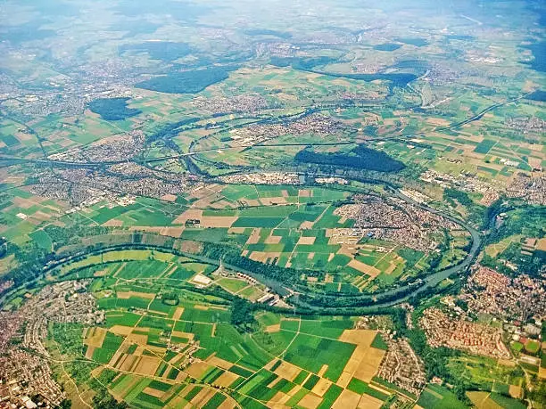 River Neckar and typical german villagse surrounded by fields, aerial view - near Ludwigsburg