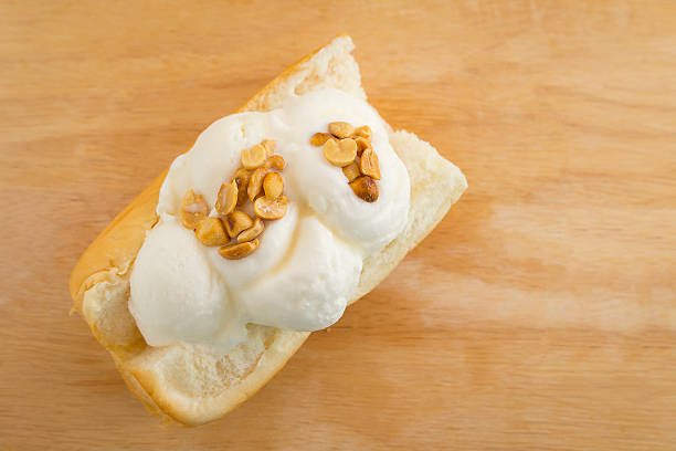 ice cream on bread thai sweet on wood background,
