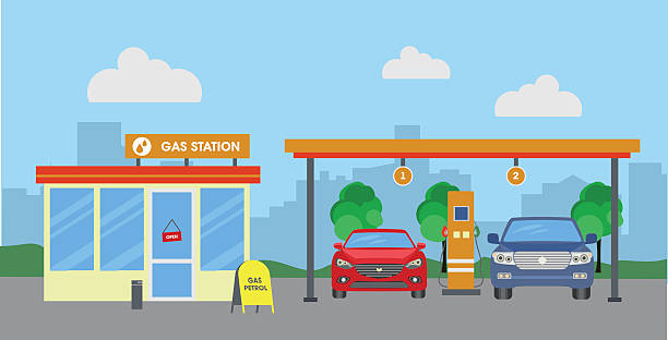 ilustrações de stock, clip art, desenhos animados e ícones de carro em posto de gasolina perto de loja - gas station gasoline refueling fuel pump