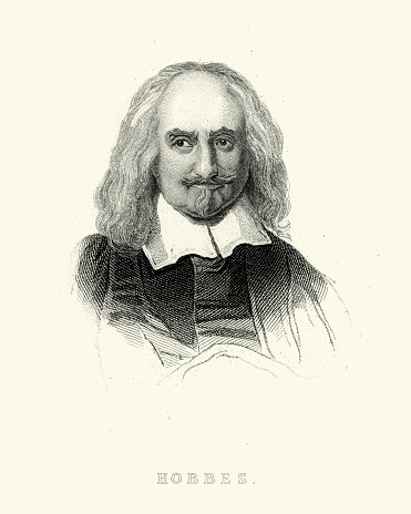 Vintage engraving of a Thomas Hobbes an English philosopher, best known today for his work on political philosophy. His 1651 book Leviathan established social contract theory, the foundation of most later Western political philosophy.