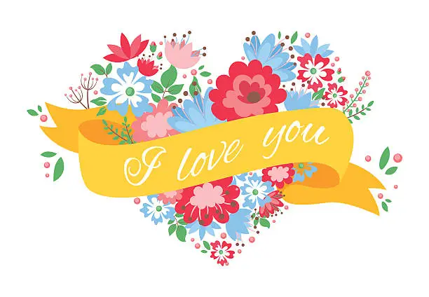 Vector illustration of Beautiful floral heart postcard with flowers and ribbon