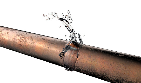 bursted copper pipe with water leaking out, 3d illustration