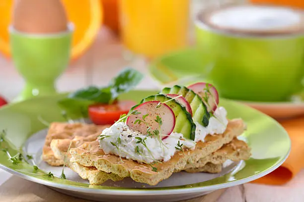 Light breakfast with cottage cheese crispbread and a cup of cappuccino