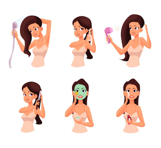 Colorful cartoon vector illustration of pretty woman doing beauty procedures Colorful cartoon style vector illustration of pretty woman doing beauty procedures. Isolated on white background. Face and hair beauty treatments. Routine cosmetic procedures human hair comb combing cartoon stock illustrations