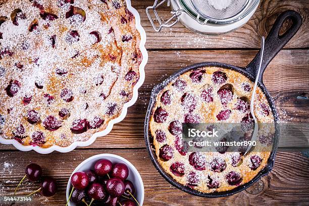 Clafoutis Cherry Pie On Wooden Background Stock Photo - Download Image Now - Clafoutis, Baked, Baked Pastry Item