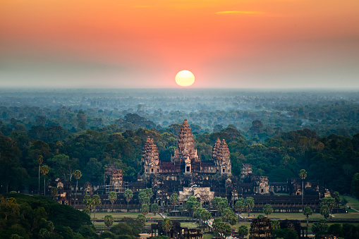 Beautiful aerial view  of Angkor Wat at sunrise. Siem Reap, Cambodia