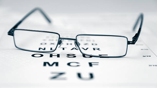 istock Clear Black modern glasses on a eye sight test chart. 544474248