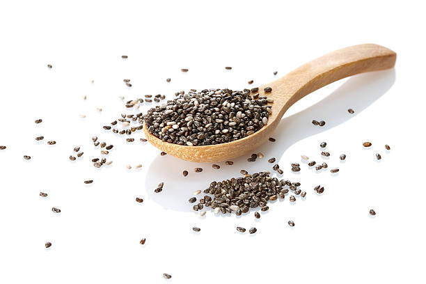 Organic chia on white background Chia seeds in wooden spoon isolated with white background chia seed photos stock pictures, royalty-free photos & images
